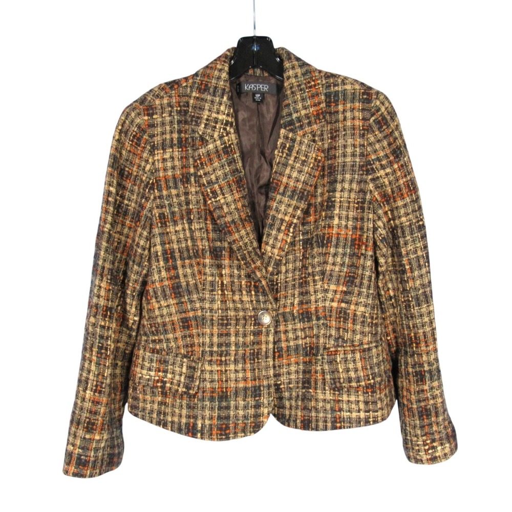 VTG KASPER PETITE Brown/Rust Orange TWEED Button FLAP POCKETS JACKET/BLAZER 12P